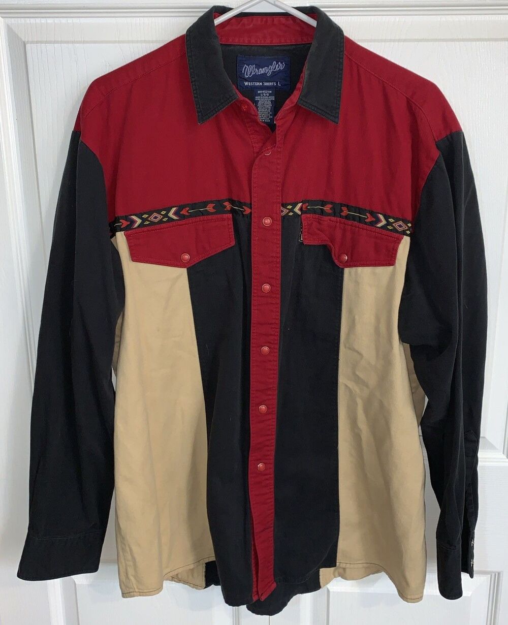 Vintage WRANGLER Western Cowboy Shirt L Pearl Snap Long Sleeve Aztec Colorblock